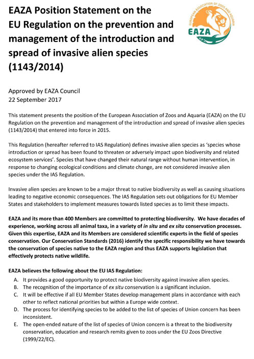 EAZA Position Statement on the EU Regulation on the prevention and management of the introduction and spread of invasive alien species (1143/2014) – EAZA